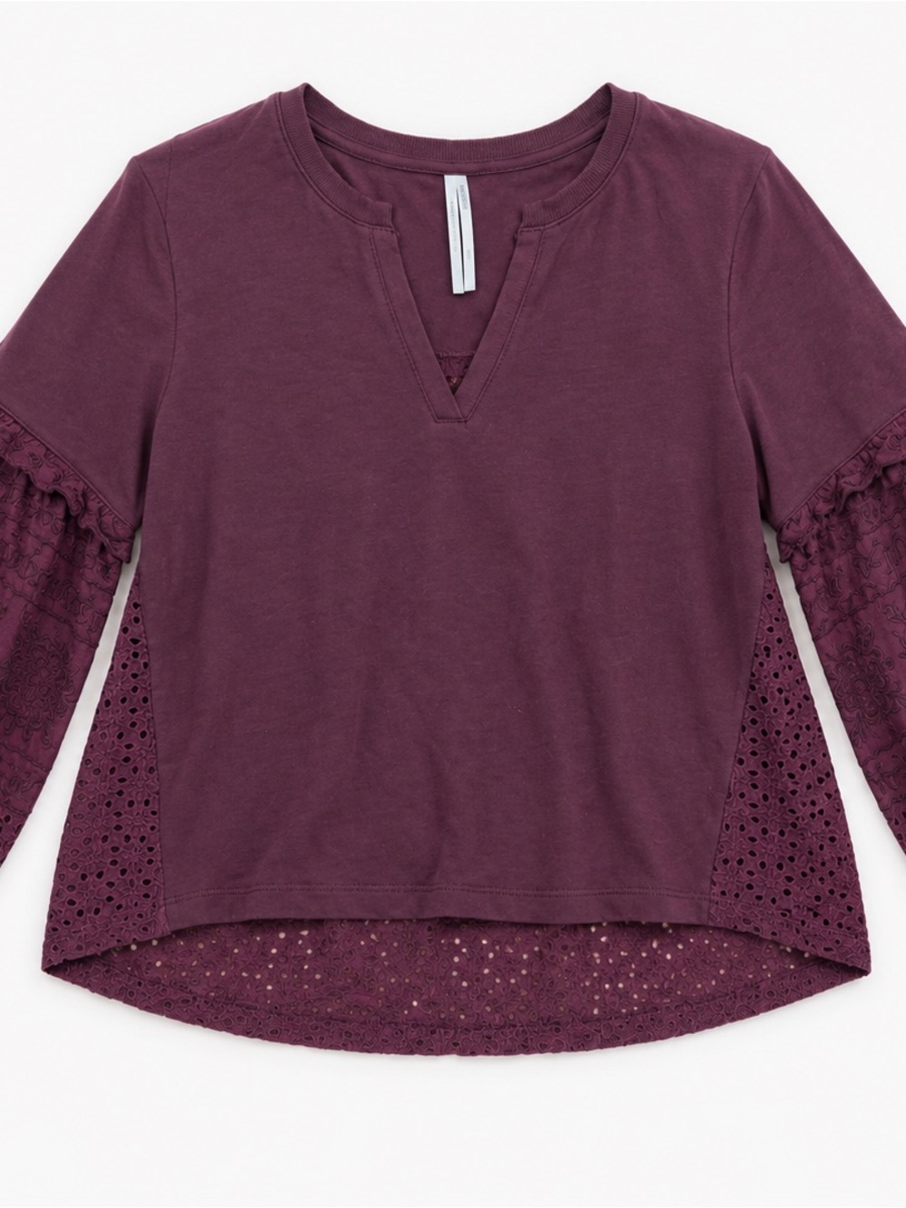 Anthropologie Plum Eyelet-Sleeve V-Notch shirt